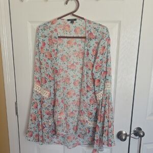 Espresso Floral Open Kimono Cardigan - Mint, Pink